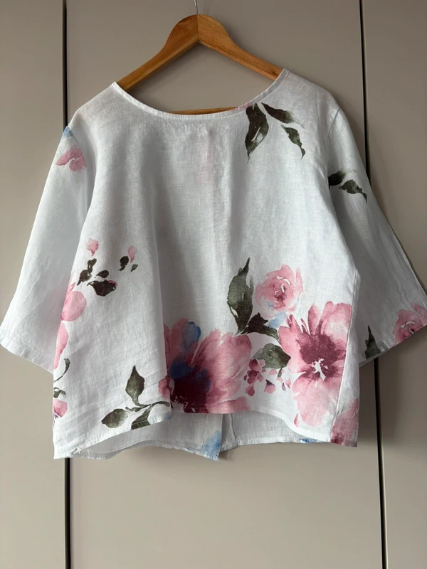 Lniana bluzka w kwiaty – romantyczny print 100% len xl - obrazek 4