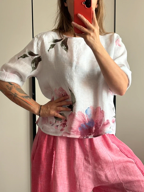 Lniana bluzka w kwiaty – romantyczny print 100% len xl - obrazek 2