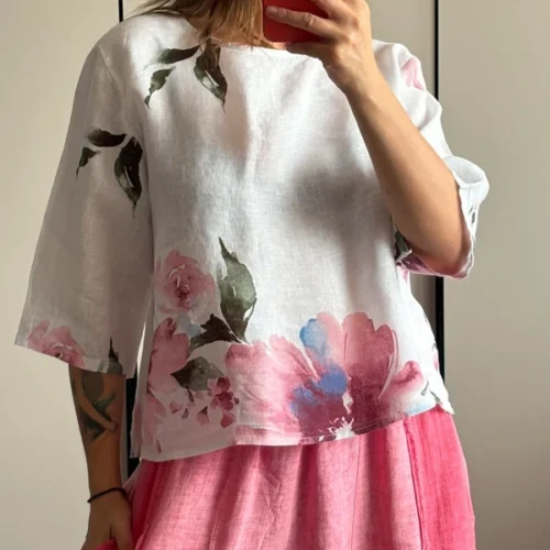 Lniana bluzka w kwiaty – romantyczny print 100% len xl