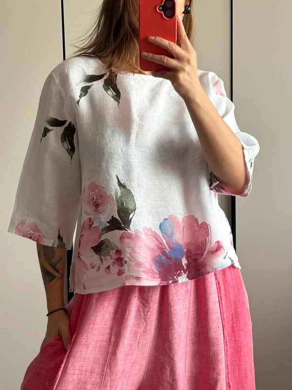 Lniana bluzka w kwiaty – romantyczny print 100% len xl