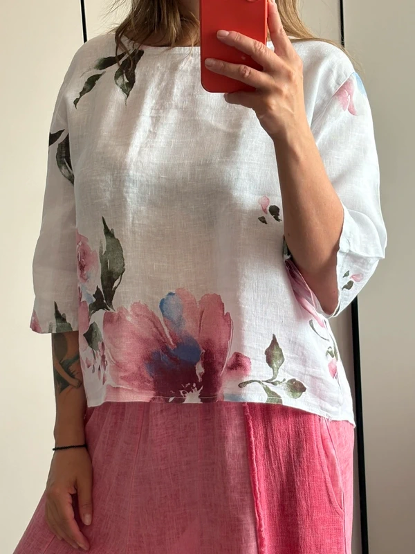 Lniana bluzka w kwiaty – romantyczny print 100% len xl - obrazek 3