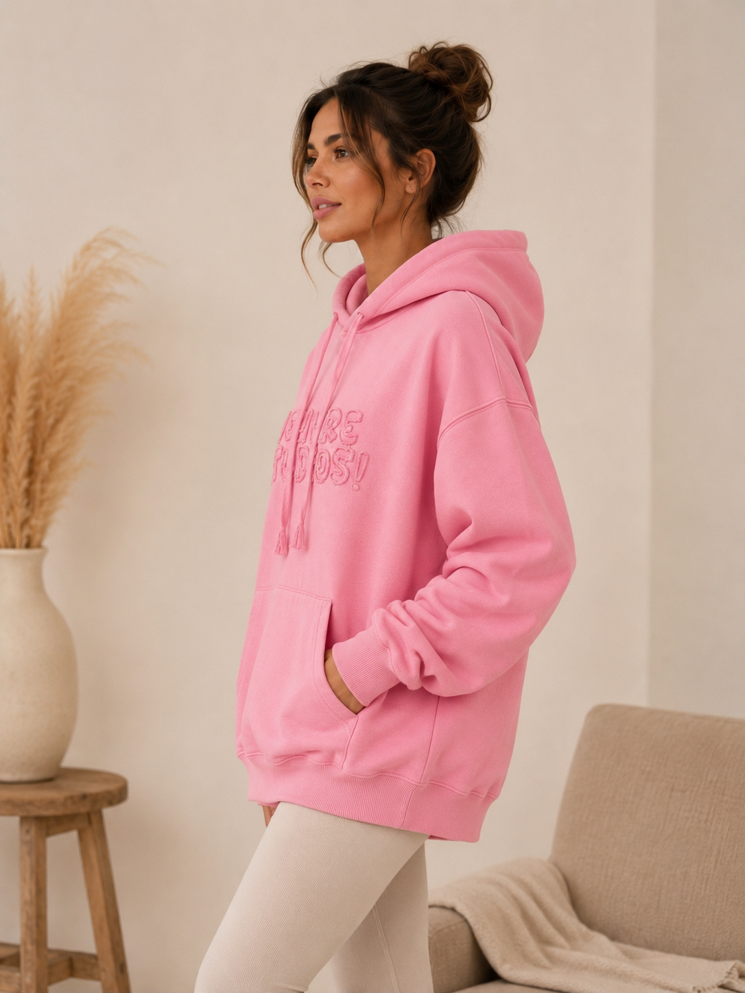 Bluza oversize damska z kapturem 100% bawełna – pudrowy róż XL - obrazek 2