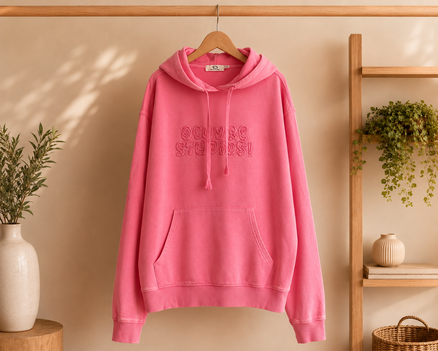 Bluza oversize damska z kapturem 100% bawełna – pudrowy róż XL - obrazek 3