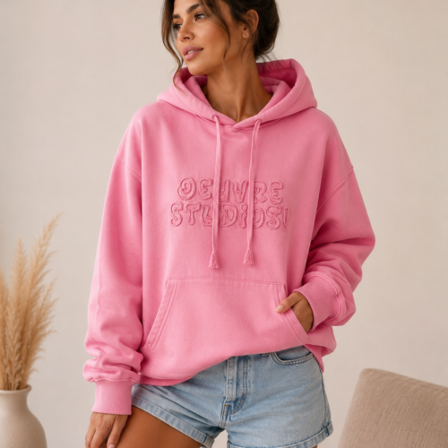 Bluza oversize damska z kapturem 100% bawełna – pudrowy róż XL