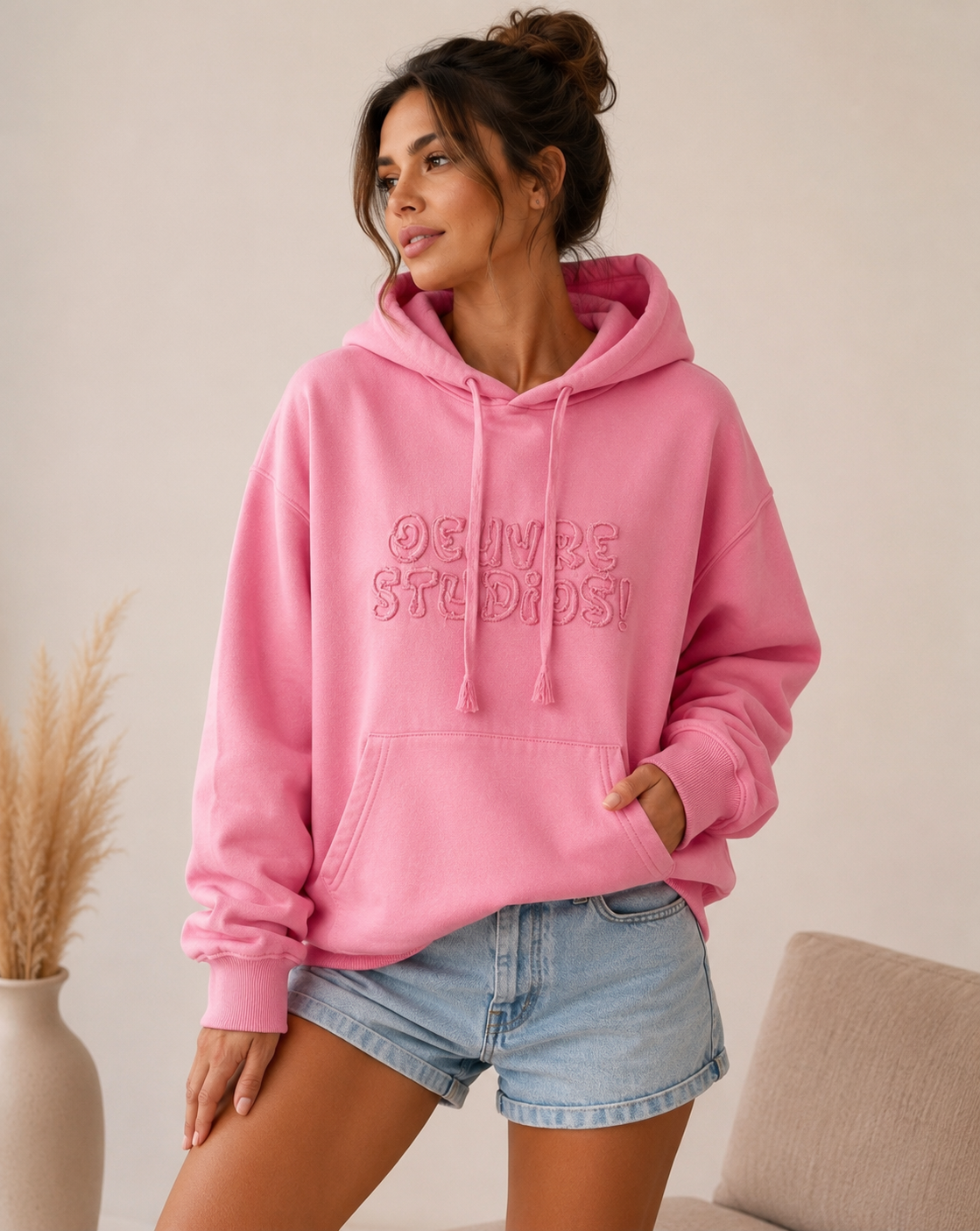 Bluza oversize damska z kapturem 100% bawełna – pudrowy róż XL